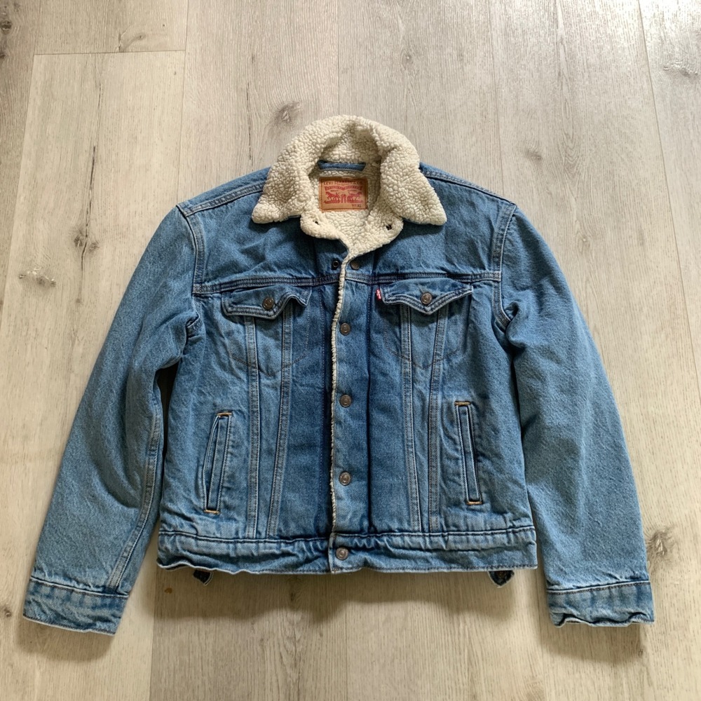 Levis Sherpa Lined Denim Trucker Jacket Blue Medium Wash XS Womens Outerwear